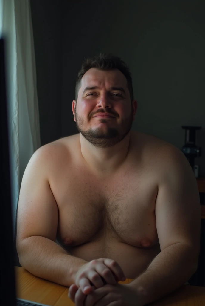 A fat boy with no facial hair masturbating naked looking at a computer screen while crying
