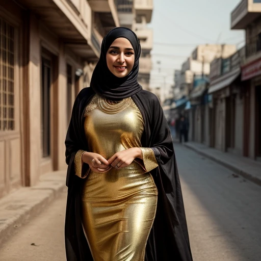 (Masterpiece, artwork, Superior quality, best quality, Beautiful and aesthetic:1.2), A tight-fitting sheath Arabian Abaya/burka and hijab with elegant details bold and confidently strolling through streets, picturesque busy streets of Karachi, 25 years old...