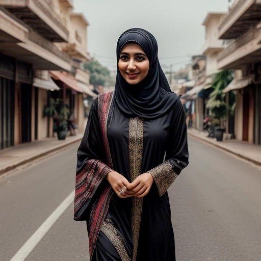 (Masterpiece, artwork, Superior quality, best quality, Beautiful and aesthetic:1.2), A tight-fitting sheath Arabian Abaya/burka and hijab with elegant details bold and confidently strolling through streets, picturesque busy streets of Karachi, 25 years old...