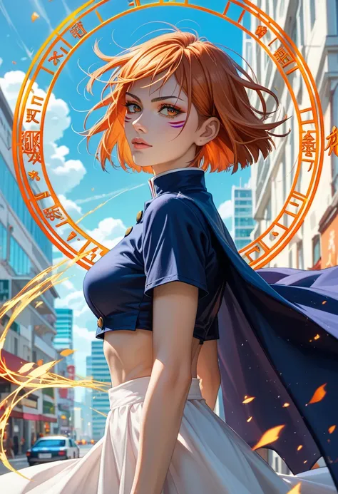  Top Masterpieces、anime「Jujutsu Kaisen」Touch of 　( 　  orange hair　  Short Bob　  beautiful adult makeup　　Opening a magical grimoire　Neon color magic circle　nsfw:1.5 (((Gazing up at a floating city)))