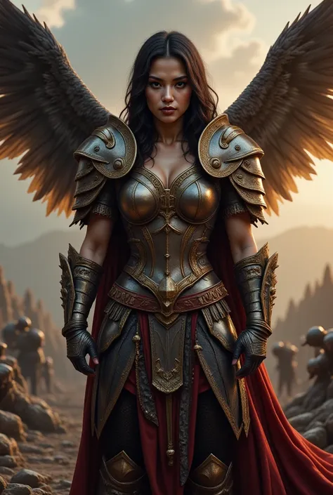 front top view , Filipina-French, two heads sharing a body, a valkyrie wearing valkyrie battle armor, realistic, looking at the camera, Battlefield background, hands at the waist, medium built body.