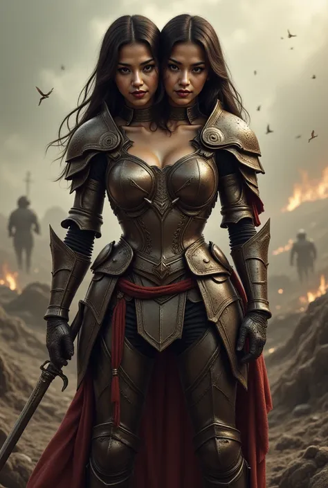 front top view , Filipina-French, two heads sharing a body, a valkyrie wearing valkyrie battle armor, realistic, looking at the camera, Battlefield background, hands at the waist, medium built body.