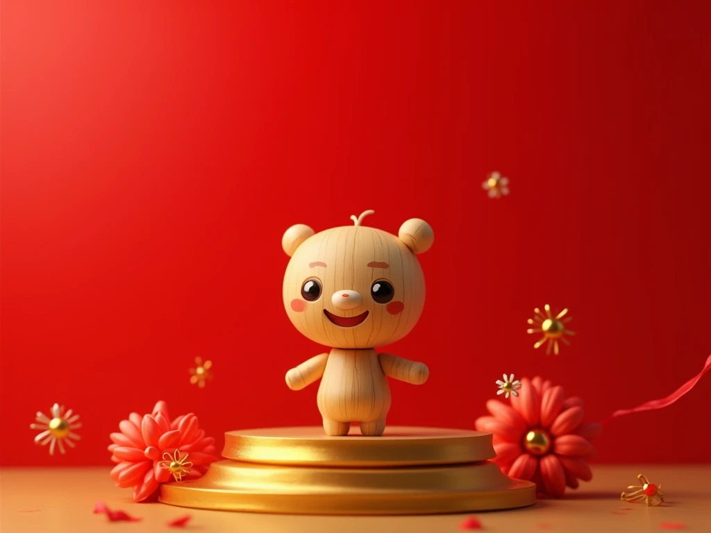 make me 3D poster greeting happy chines new year 2025 with wooden ualr friend and gold alloy red background 