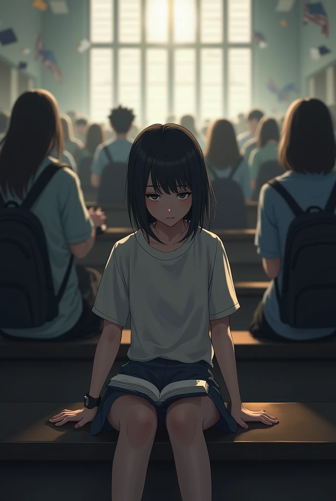 A lonely girl student sitting by themselves in a crowd.