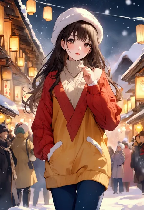  intense watercolor、 young Japanese woman 、Brown-black long hair 、 v-neck red sweater 、yellow winter clothes 、 white woolen hat、blue narrow pants 、 black boots、 beautiful faces 、 brown eyes、 pink lips、 Face Details 、Above the knee shot、Hokkaido's Snowy Sce...