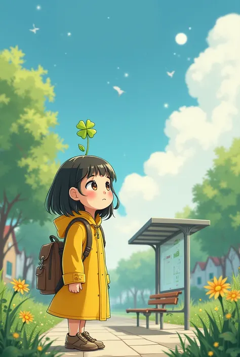 A cute  is sitting at the bus stop and looking at the sky. She is wearing a yellow raincoat and carrying backpack. A clover is waving on her top head.