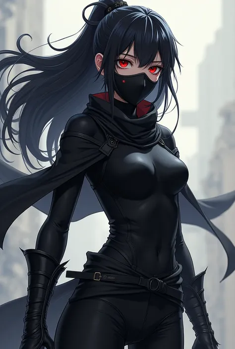  an anime girl ,  anime style,  Japanese ninja black mask,  black hair,  red eyes,  fair skin ,  Japanese mask covering the entire face black face, black body armor , black ninja clothes, black pants.