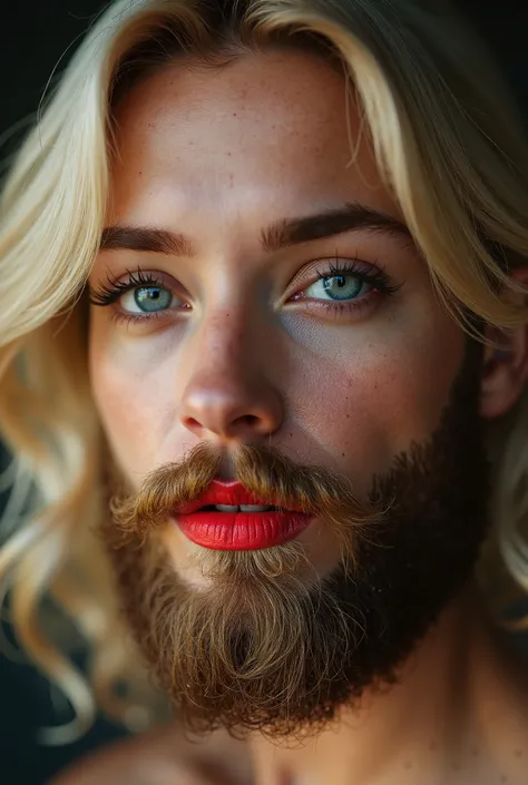 intricate detailed portrait of a blonde woman with a lush full beard, hyperrealistic, intricate detailed facial features, beautiful eyes, beautiful make-up done with foundation and red lips, long eyelashes, soft lips, flawless skin, elegant expression, det...