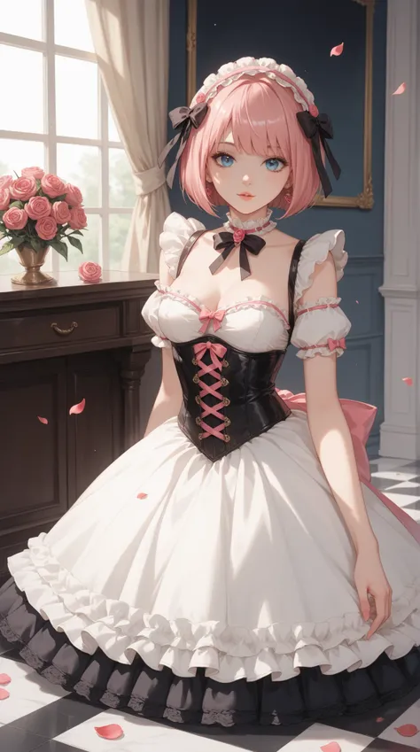 Image is an anime-style illustration featuring a young woman with pale skin and pink hair, styled in a bob cut with bangs. She has large, expressive blue eyes. She is dressed in an elaborate Gothic Lolita outfit, predominantly black with pink accents, incl...