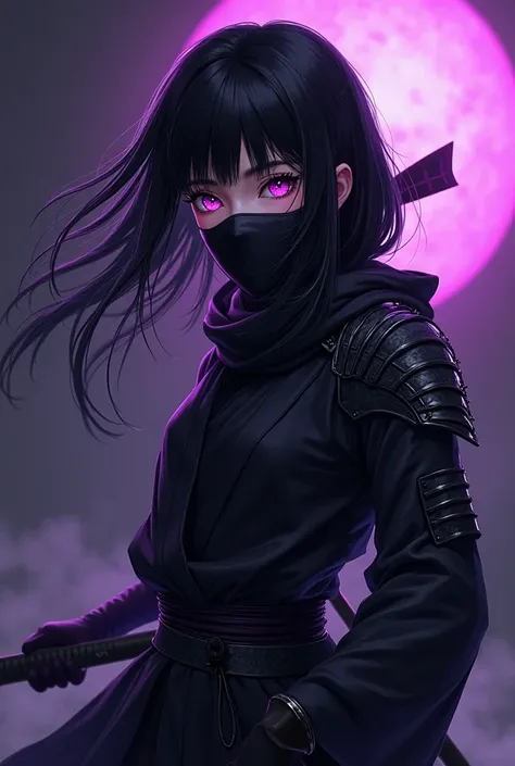  an anime girl ,  anime style,  Japanese ninja black mask,  black hair, purple eyes,  fair skin ,  Japanese mask covering the entire face black face, black body armor , black ninja clothes, black pants.