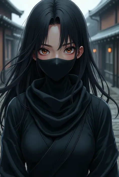  an anime girl ,  anime style,  Japanese ninja black mask,  black hair,  brown eyes ,  fair skin ,  Japanese mask covering the entire face black face, black body armor , black ninja clothes, black pants.