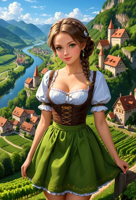 dirndl, Winding river valleys, steep cliffs, verdant vineyards, historic castles, picturesque landscapes, charming villages,
