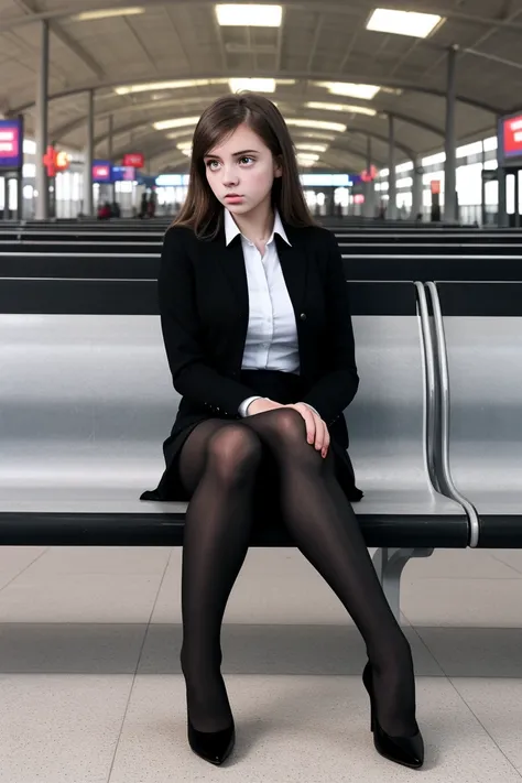 shot on Leica, shadowplay, gorgeous lighting, Very young girl, alone in the bus station, big tits, titght while shirt, very short skirt, black pantyhose and black highheels, hips wide, sitting on benchmark legs crossed, she is scared