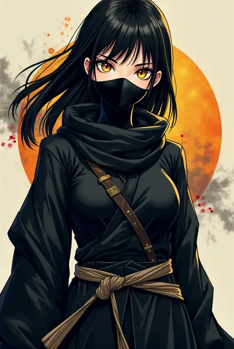  an anime girl ,  anime style,  Japanese ninja black mask,  black hair,  golden eyes,  fair skin ,  Japanese mask covering the entire face black face, black body armor , black ninja clothes, black pants.