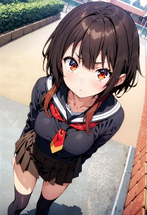 konosubaMegumin, Megumin,  short hair while on a business trip,   black hair,  red eyes,  short hair while on a business trip with long locks, angry ,Black sailor suit, black mini pleated skirt , thigh high socks ,Brown loafers, close-up, panties ,, is sta...