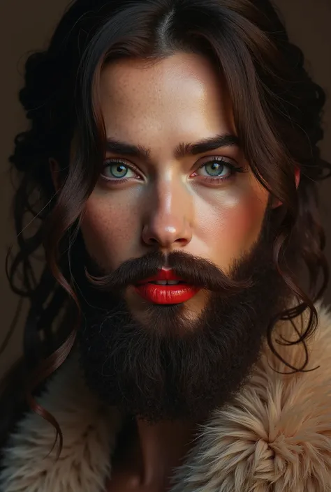 intricate detailed portrait of a brunette woman with a lush full beard, hyperrealistic, intricate detailed facial features, beautiful eyes, beautiful make-up done with foundation and red lips, long eyelashes, soft lips, flawless skin, elegant expression, d...