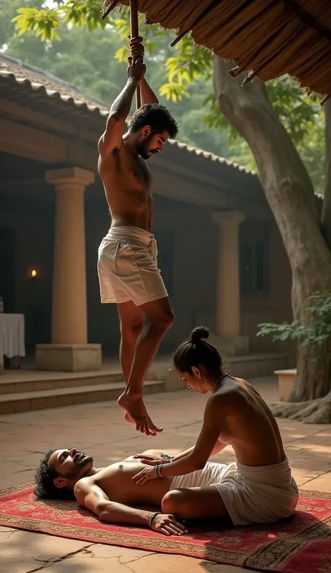 A detailed depiction of a traditional Keralite foot massage. A practitioner is suspended by a thick rope tied above their head, balancing skillfully while massaging a reclining figure with their feet. Focus on precision, with the practitioner gently pressi...