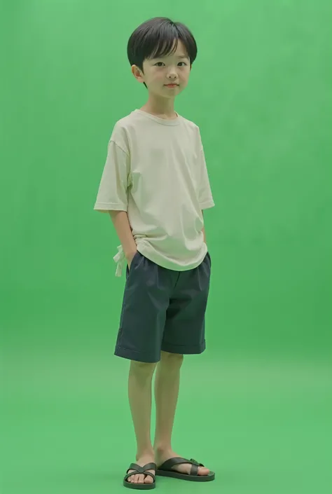  green screen on the back 、 forehead is low 、Nose is low 、 has almond-shaped, round and cute eyes、Deep-set eyelids、 short, slightly thick lips 、 ears are standard 、 eyebrows are standard 、 boy who is  and 1st grader 、  with no hair on his body 、 about 147 ...