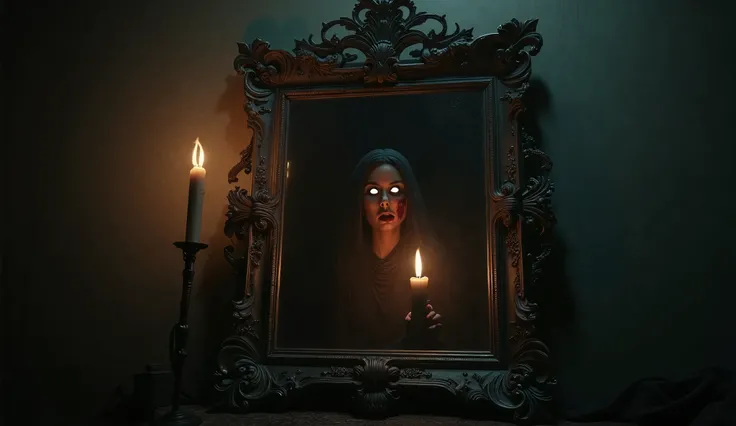 Image of Bloody Mary holding a candle in front of a mirror in a dark room