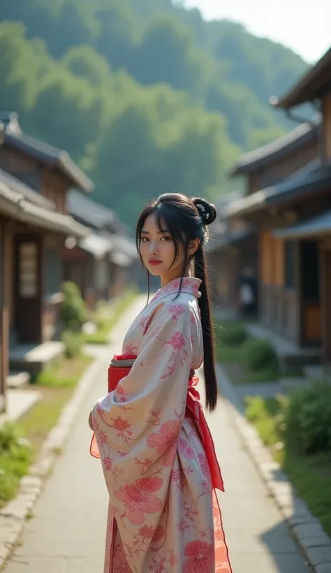 A stunning long-shot, full-body portrait of a beautiful Japanese woman from the Edo period, standing directly and gracefully facing the camera in a tranquil village with traditional thatched-roof houses. Her long black hair, tied elegantly at the back, flo...