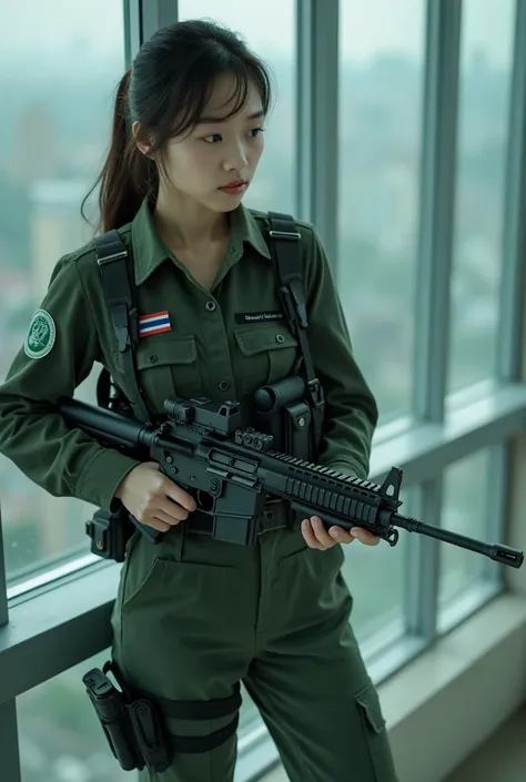 Young Asian female commando carries a gun for commando use. There is a small Thai flag cloth tag attached to the outfit on the chest and upper arms. She was zipping up a hundred-story building. to kick the glass with your foot

Narrow angle, realistic deta...