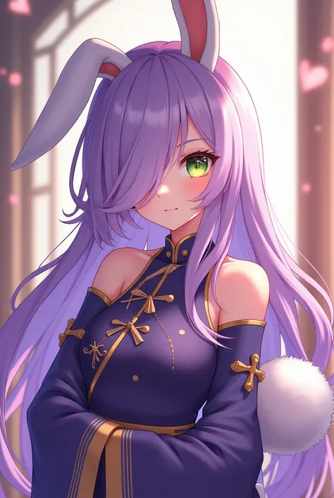 ( maximum quality,  best quality,  official art  , beautiful and aesthetic :1.2) female anime, rabbit woman, cute girl, long purple hair,  hair over the right eye,  Green Eyes Pants,  bunny ears , white pompous tail , Chinese purple and gold clothes,  smil...