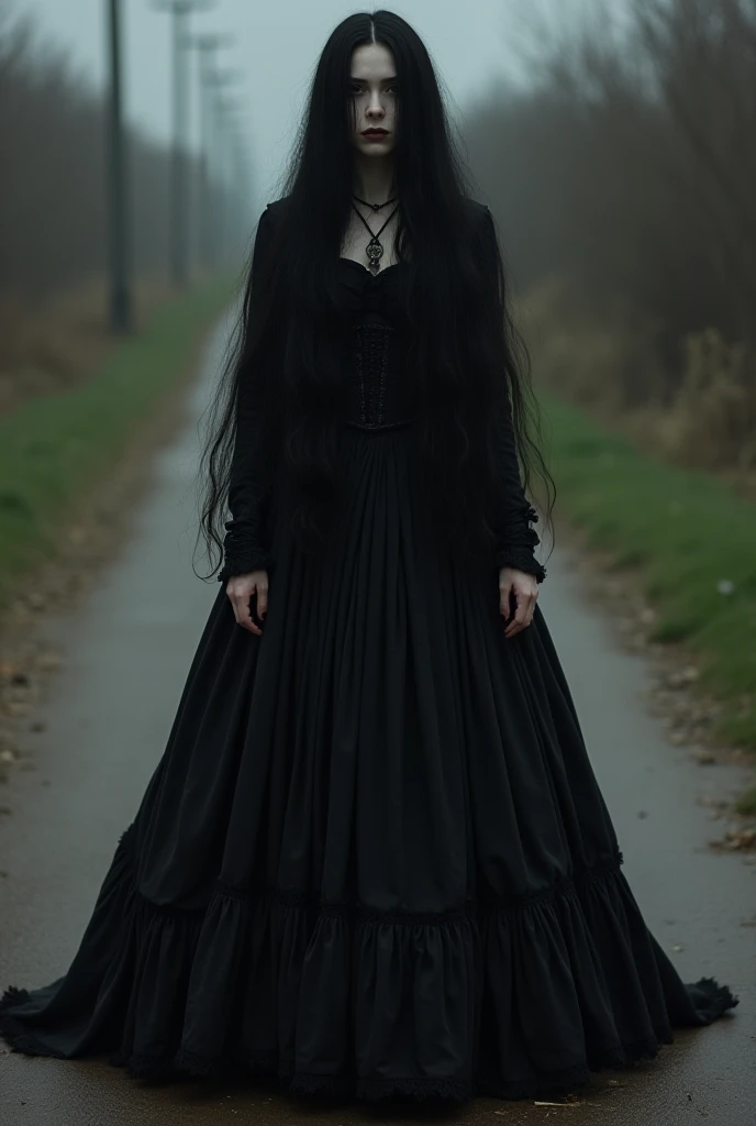  Woman with black hair that covers her face ,  long hair!  Practically pale white skin , thin, bem thin,  but not extreme thinness !  She wears a dress that is made of a black jacket and a full black skirt .  The skirt is frayed and full of cloths  "loose"...