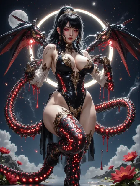 The sinister female demon from the depths of the universe，The face is terrifying,elegant appearance,Intense expression,pale skin and dark shades,Sharp fangs,(Extra long,Extremely detailed) Snake eyes all over the body,flowing long black hair,Long black wav...