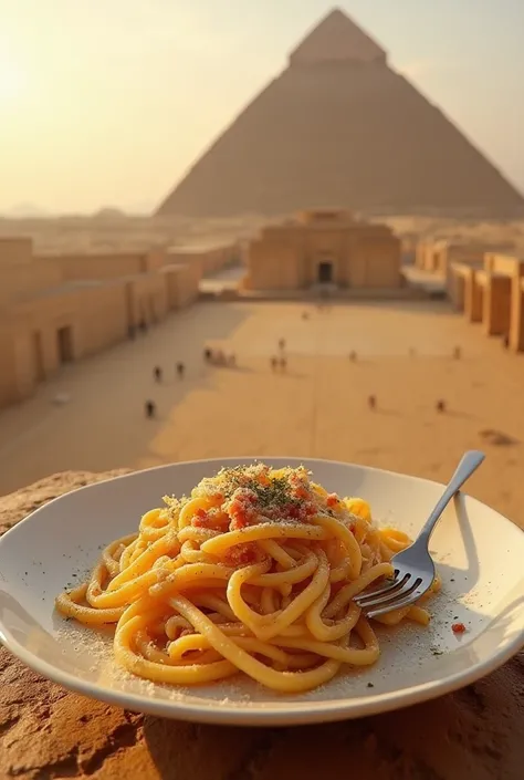 realistic image of pasta, delicious pasta plate in placed on top of The Great Pyramid of Giza, half plate of pasta is eaten, there is fork in pasta plate, there is messy plate of pasta, beautiful aerial view, afternoon time, bright colors, HD picture, fine...