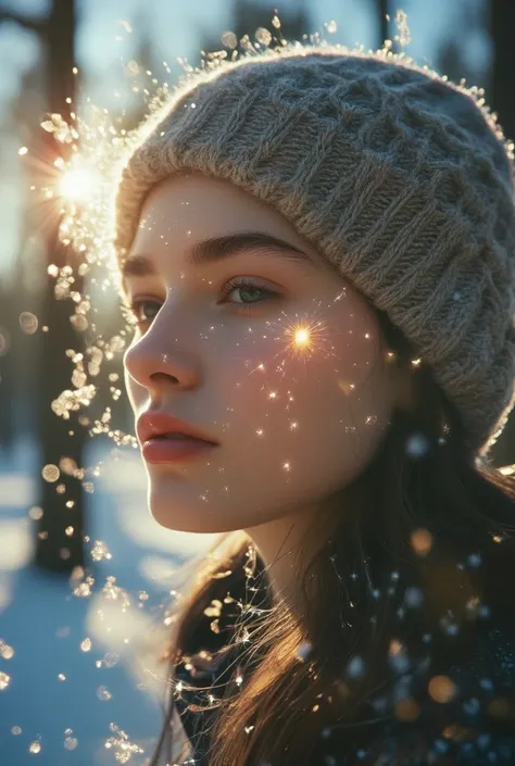 Realistic, live photo 8K quality, work of art, in a snowy forest, sunlight shining through the trees, light on a woman's face in a knitted hat, beautiful face, light sparkling, close-up on a woman's face.