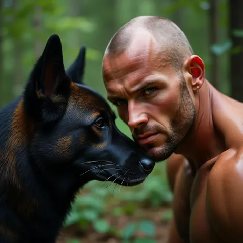  face close-up，A muscular face like Jason Statham's bald young hunk and a dog， face to face，The background is in the forest，