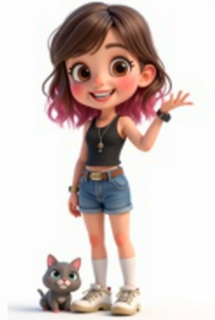 Cute 3D girl, oval face, fair skin, wearing braces, beautiful smile, bright, confident, brown and pink bangs, shoulder-length wavy hair, wearing a black tank top, short jeans, wearing a wristwatch on one side, long socks, thick white sneakers, with a cat s...