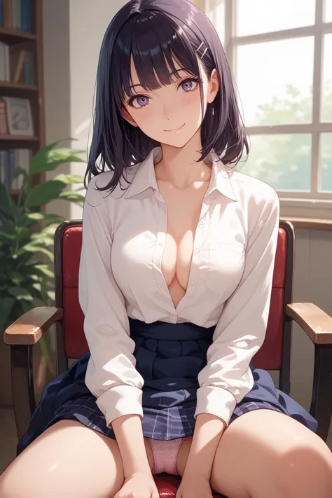 わきUnderを見せない，blush，Under，  no background ，   becomes transparent when you stare at ， Stare at Pe ，Sit on a chair，Front view， panties ，dress shirt， skirt ,smile