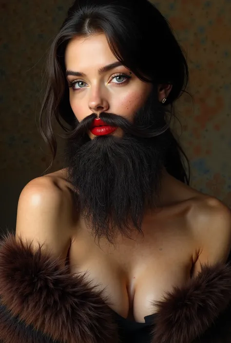 intricate precise detailed portrait of a brunette woman with a lush full beard, hyperrealistic, intricate detailed facial features, beautiful eyes, beautiful make-up done with foundation and red lips, long eyelashes, soft lips, flawless skin, elegant expre...