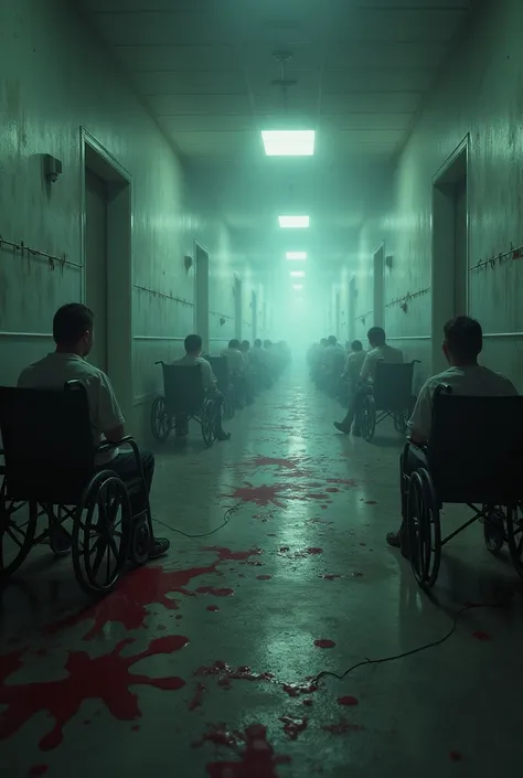 Endless corridor, horror, hospital, wheel chair on the side, blood trail, stretcher on the side, mental patients near walls, facing wall