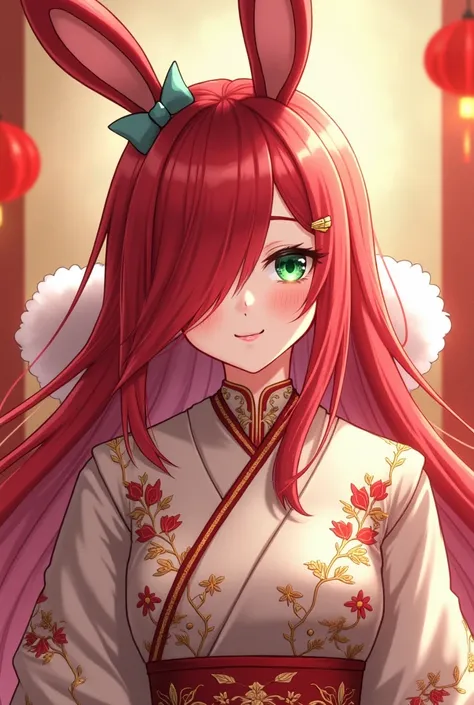 ( maximum quality,  best quality,  official art  , beautiful and aesthetic :1.2) female anime, rabbit woman, cute girl, long red hair,  hair over the right eye,  Green Eyes Pants,  bunny ears , white pompous tail , Chinese red and gold clothes,  smiling.