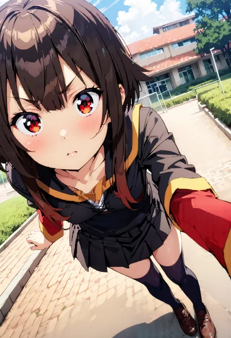 konosubaMegumin, Megumin,  short hair while on a business trip,   black hair,  red eyes,  short hair while on a business trip with long locks, angry ,Black sailor suit, black mini pleated skirt , thigh high socks ,Brown loafers,  close-up, panties , skirt ...