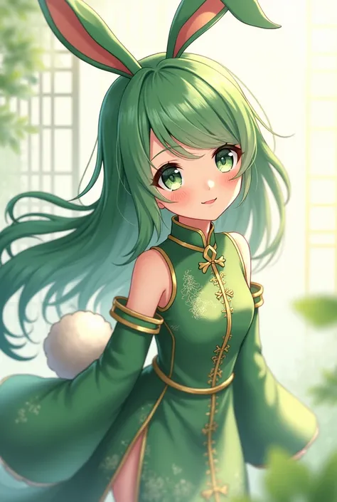 ( maximum quality,  best quality,  official art  , beautiful and aesthetic :1.2) female anime, rabbit woman, cute girl, long green hair,  hair over the right eye,  Green Eyes Pants,  bunny ears , white pompous tail , Chinese green and gold clothes,  smilin...