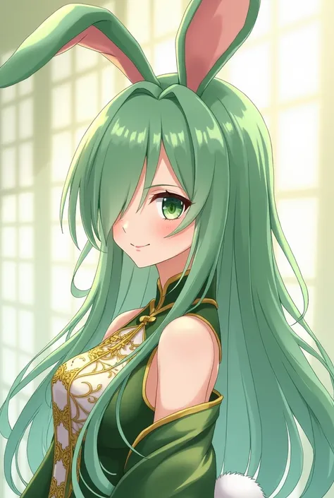 ( maximum quality,  best quality,  official art  , beautiful and aesthetic :1.2) female anime, rabbit woman, cute girl, long green hair,  hair over the right eye,  Green Eyes Pants,  bunny ears , white pompous tail , Chinese green and gold clothes,  smilin...