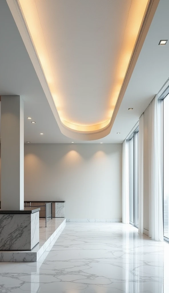 A hyper-detailed, highly realistic miniature of a modern gypsum ceiling, featuring clean lines and an elegant design. The ceiling is crafted with precise detail, showcasing a smooth finish with subtle texture patterns. Intricate lighting elements are integ...