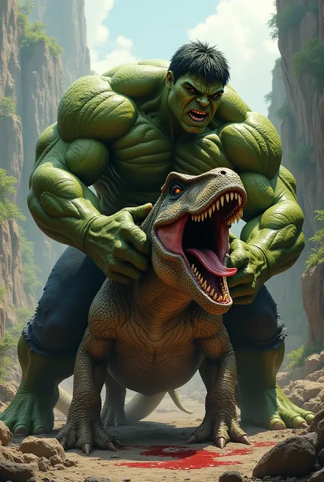 Hulk एक डायनासोर को जमीन पर पटक कर डायनासोर के ऊपर अपने हाथों  से उसकी गर्दन जकड़े हुए । और डायनासोर के मुंह से खून टपक रहा है।