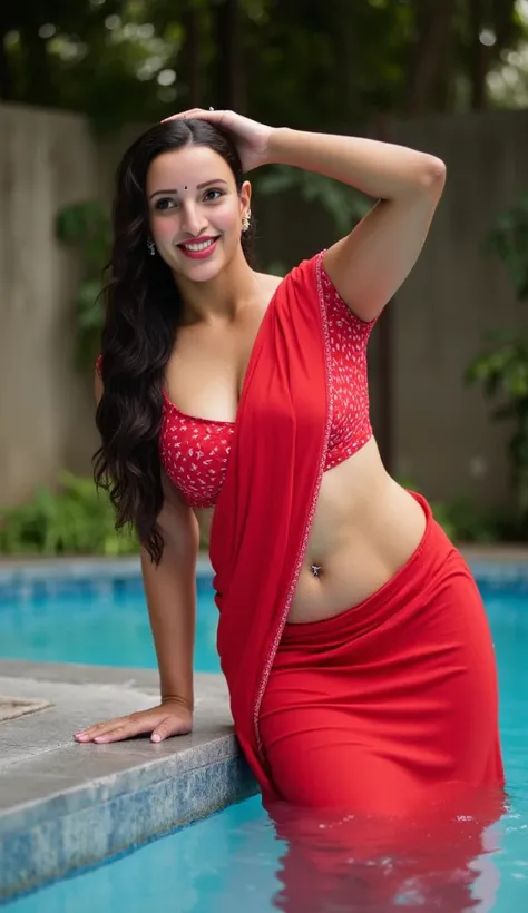 Full body photo of tripti, age 30 years, white skin, a bit chubby, smile, wearing red saree revealing her navel and armpit, deep cleavage, down blouse, ong wet  black hair, wet hair, wet body, bent over the edge of the pool pose on CANON 5D Mark IV, 85mm L...