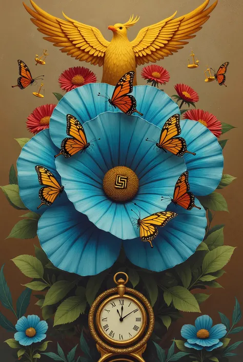 Seven different  thick coloured  seven butterflies sitting in each one petals and a hitler used bold  swastik  symbol in pistil middle  of blue  flower. A clock and a libra at  the bottom of petals  and beautiful Golden Phoenix flying  in one side vew  at ...