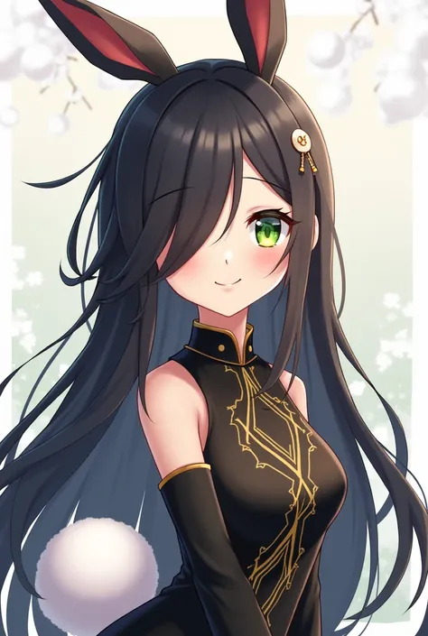 ( maximum quality,  best quality,  official art  , beautiful and aesthetic :1.2) female anime, rabbit woman, cute girl,  long black hair ,  hair over the right eye,  Green Eyes Pants,  bunny ears , white pompous tail , Chinese black and gold clothes,  smil...