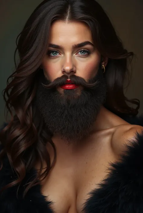 intricate precise detailed portrait of a brunette woman with a lush full beard, hyperrealistic, intricate detailed facial features, beautiful eyes, beautiful make-up done with foundation and red lips, long eyelashes, soft lips, flawless skin, elegant expre...