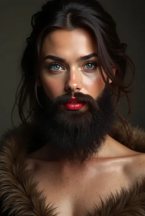 intricate precise detailed portrait of a brunette woman with a lush full beard, hyperrealistic, intricate detailed facial features, beautiful eyes, beautiful make-up done with foundation and red lips, long eyelashes, soft lips, flawless skin, elegant expre...