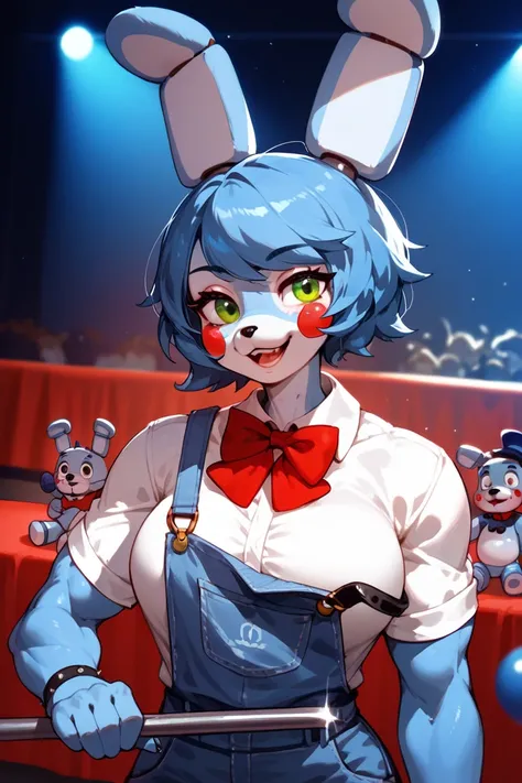 Toy bonnie (FNAF), female, sexy, black nose, boobs, white shirt, red bowtie, overalls, looking seductive, holding a gutar, normal human neck, on stage, anthro furry, muscles