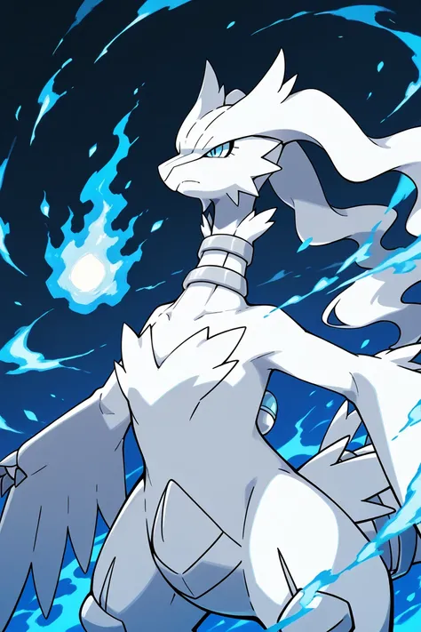 Reshiram,  Pokémon , dragon, Alone,  blue eyes,  detailed eyes , white asas, Bottom, blue flames, forehead, imposing 