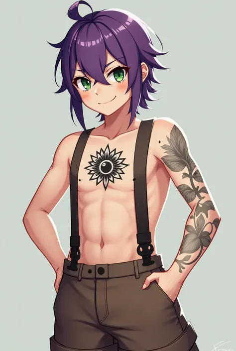 Character Dahallan from Storm 20 28-year-old green-eyed adult has purple hair and is friendly. He wears a suspender and brown shorts and is shirtless. She has a black and white sunflower tattoo on the middle of her chest and a lily tattoo on her right arm....