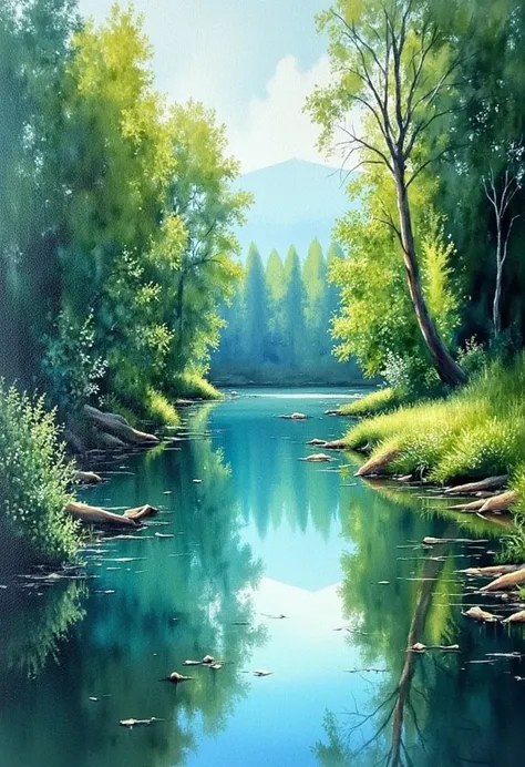 masterpiece, best quality, Clear water, trees, and a beautiful landscape painting, vibrant colors, impasto brush strokes 